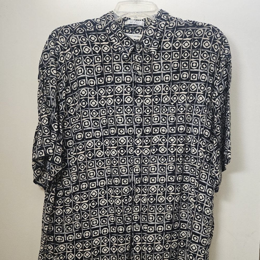 Pierre Cardin Men's XL Vintage 90s Shirt Black and Tan Geometric Print Rayon